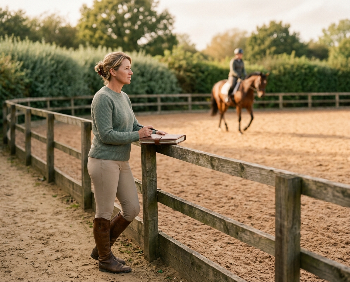 Coach équestre observant une cavalière travailler dans la carrière