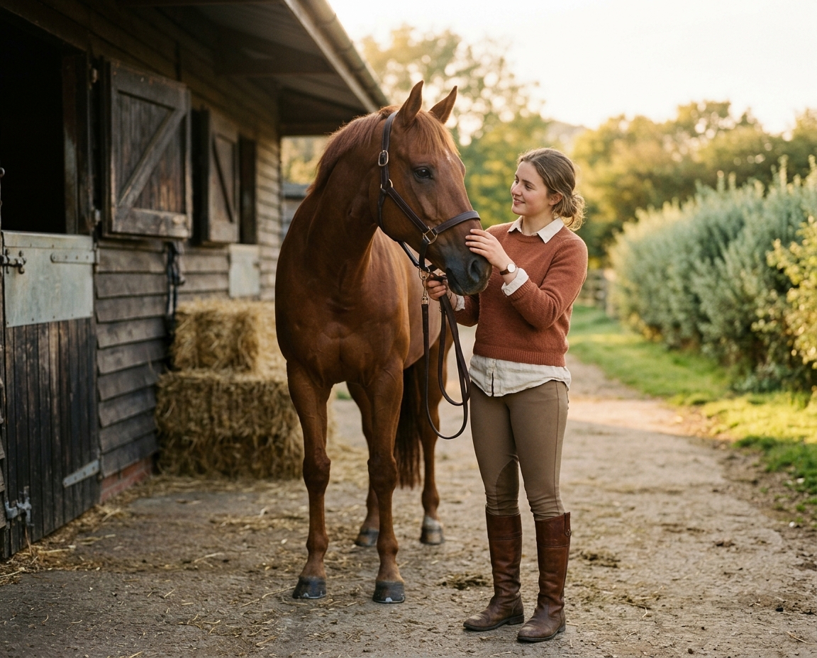 Demi-pensionnaire ajustant le licol de son cheval bai devant l'écurie, lumière dorée